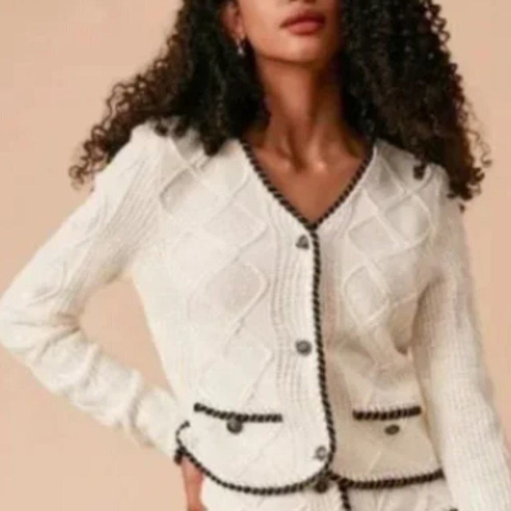 Rihoas Women's Contrast Trim Argyle Knit Cardigan - L